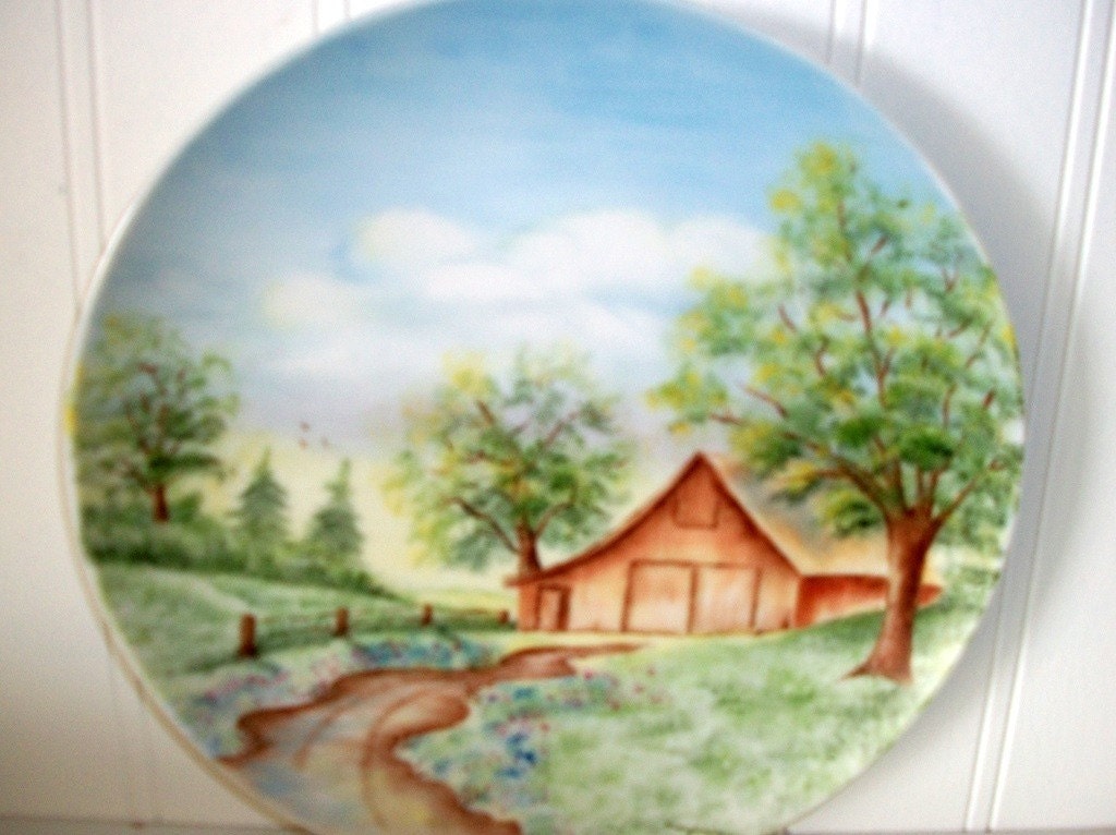 Vintage Handpainted Signed Blue Green Brown Country Cabin Scenic Trees China Plate