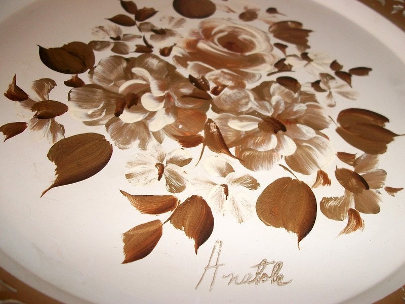 Vintage Handpainted Gold Brown Autumn Flower Anatole Signed Tole Serving Tray