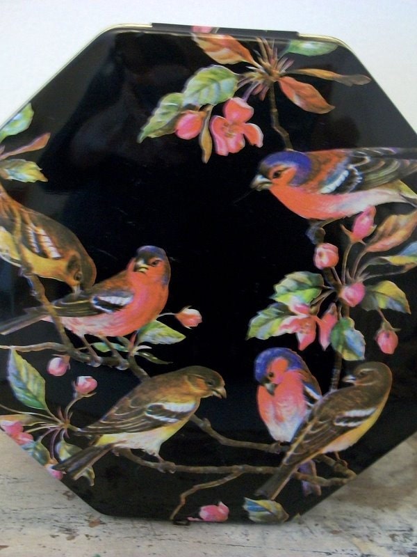 Vintage Black Pink Blue Bird Tin Octagonal Summer Cottage Container