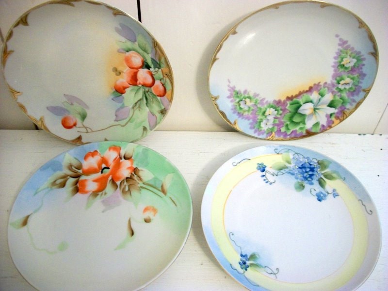 Set of Four Vintage Handpainted Nippon Signed Cherries Flowers Fruit China Plates