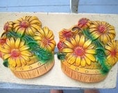 Vintage Autumn Daisy mums brown orange green wall hanging pair miller studio