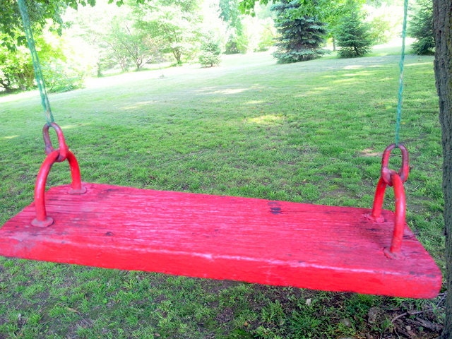Vintage Red Wooden Tree Swing Summer  Rustic Farmhouse Outdoor