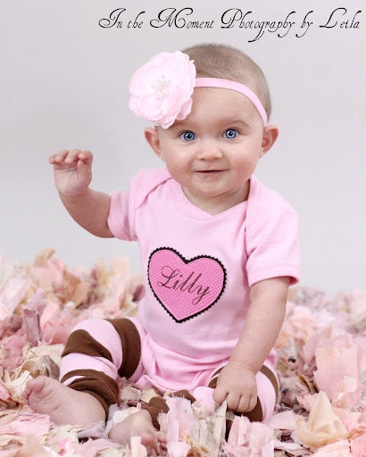 Personalized Spring Fashion Lt Pink and brown Baby Girl Heart Onesie, matching leg warmers - children clothing 0-3, 3-6, 6-12, 12-18m