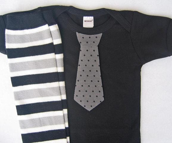Black Gray Baby Boy Tie Onesie matching striped leg warmers - children, baby clothes 0-3, 3-6, 6-12 and 12-18 months long or short sleeves