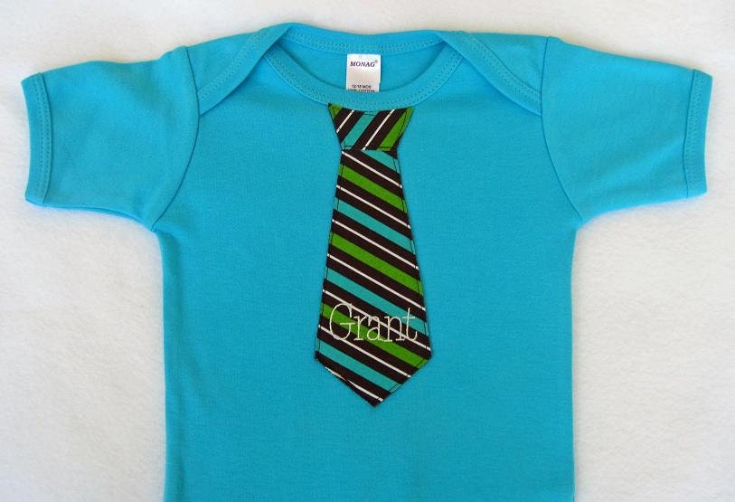 Aqua Blue/Turquoise Personalized Baby Boy Tie Onesie Spring - Monogram  - Name, Age, Intials - Children Long or Short Sleeves