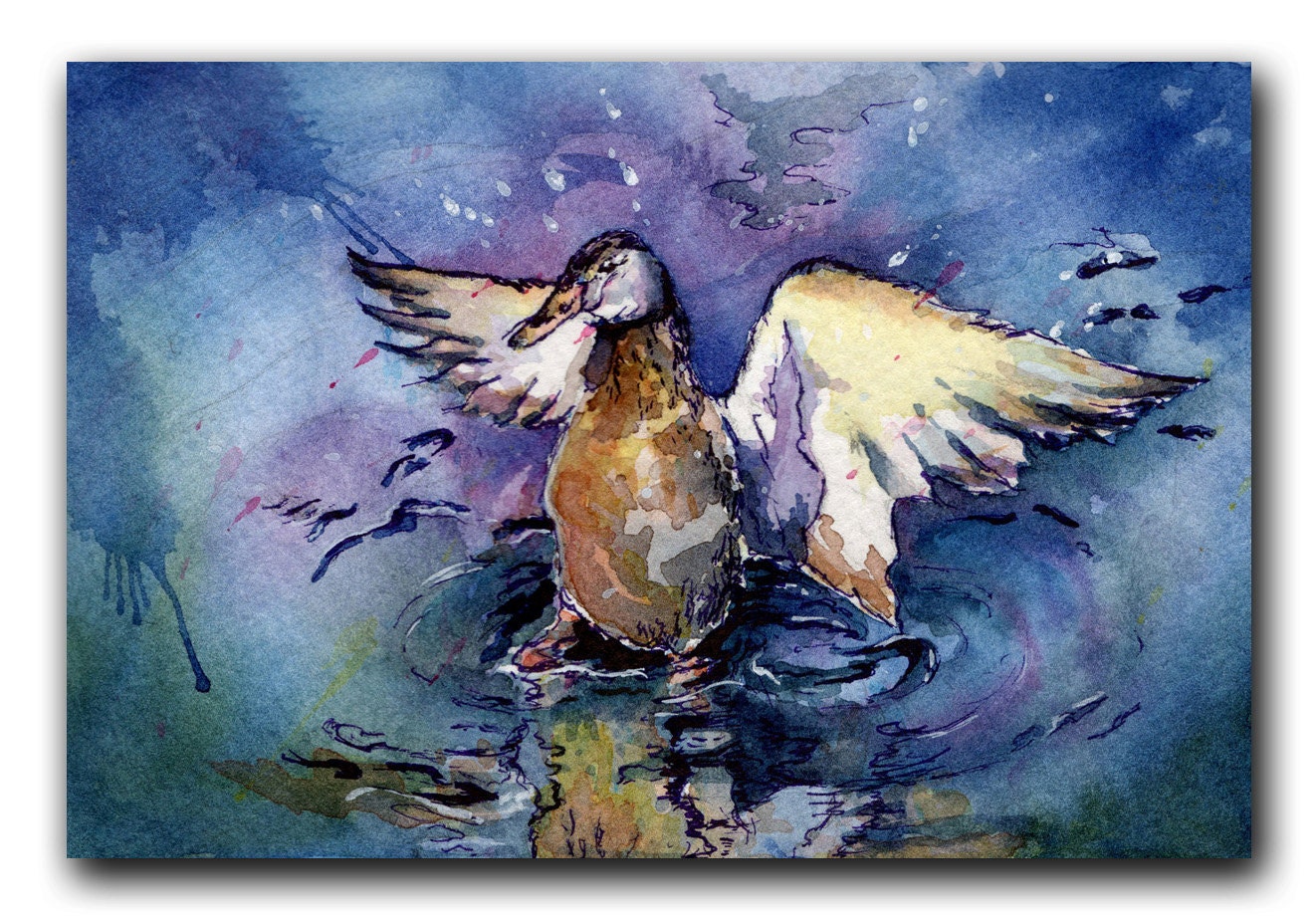ACEO Art Print, Blue, Pink, Yellow, Animal, Splish Splash,