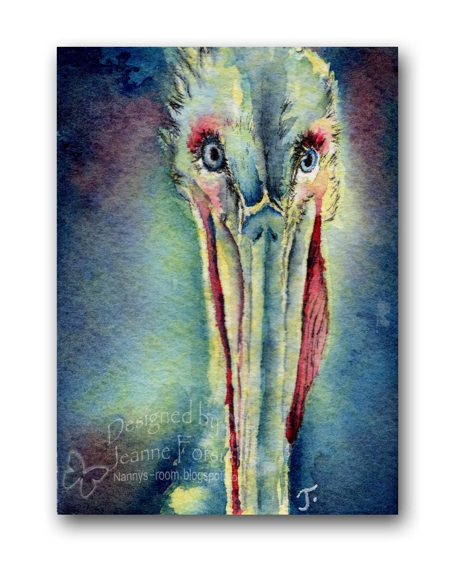 ACEO Art Print, blue, yellow, red, bird, Pelican