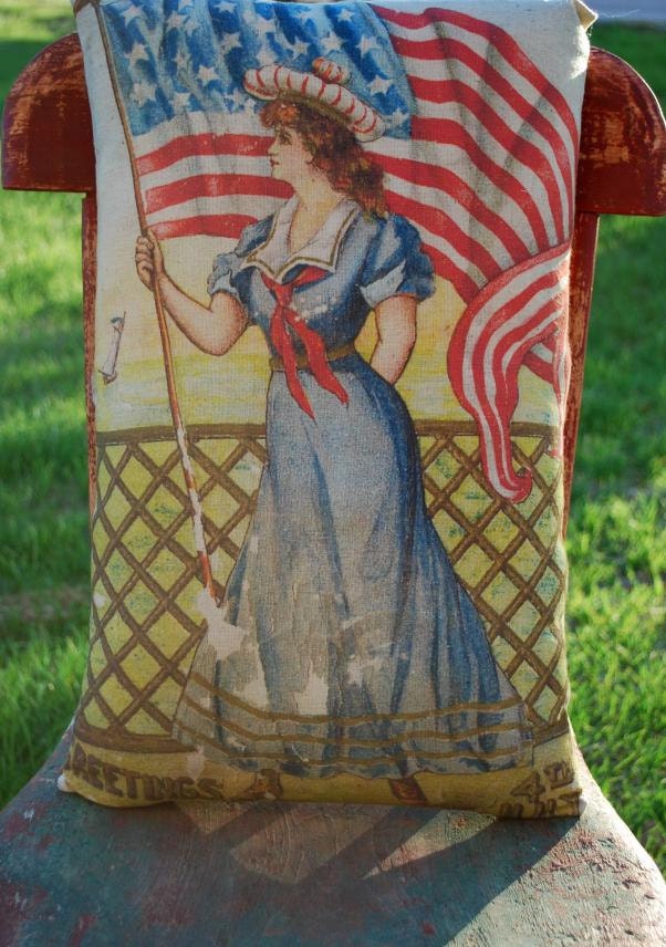 Primitive Victorian Lady in Sailor Dress with Flag Pillow July 4th