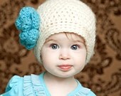 Cream and Aqua hat baby girl newborn cloche beanie with flower and pearls