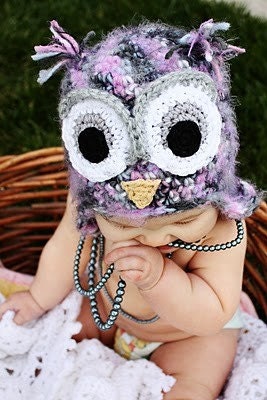 5T-preteen pink and grey fuzzy owl hat with earflaps