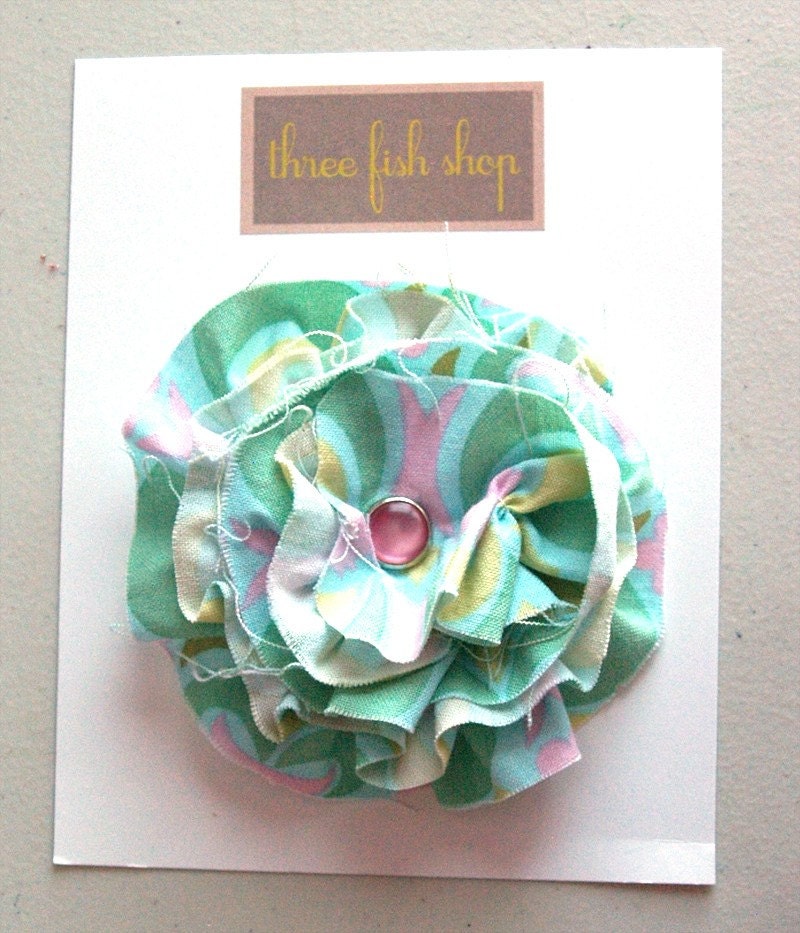 Frayed Fabric Flower Clip with Grosgrain-Covered Ribbon Clip in Turquoise Garden Party