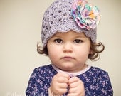 Organic Scallop Cap in Wisteria with Frayed Flower Clip - Organic Baby Girl - Organic Baby Gift - Purple Hat - Purple Photo Prop