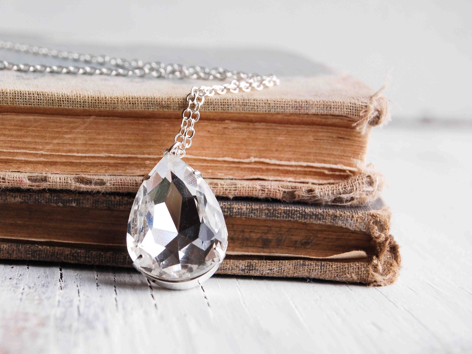 Large CRYSTAL Jewel Vintage Pear Necklace Estate Style Hollywood Bride Wedding Silver Glamour