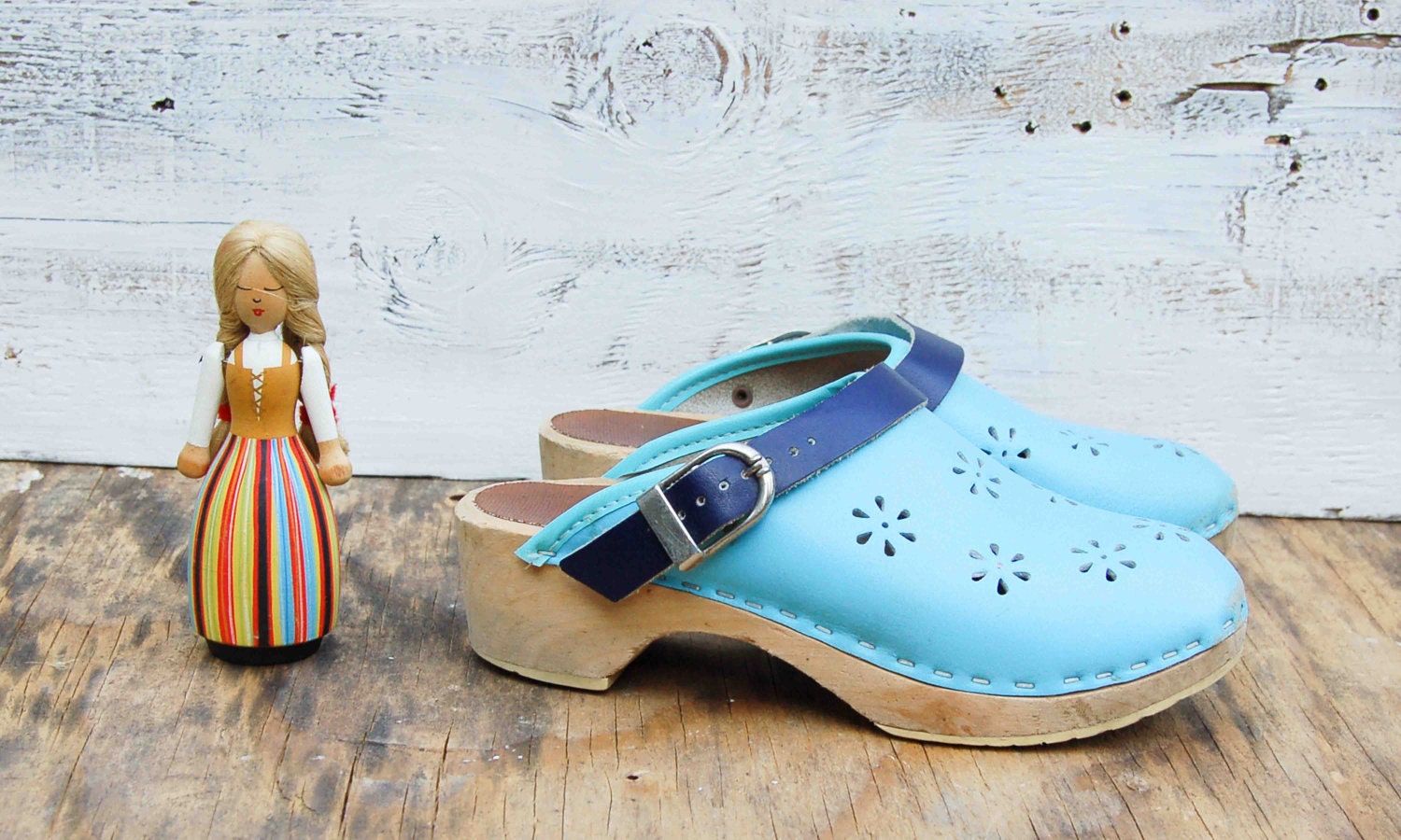 Child's Vintage Clog SHOES Turquoise Leather Wood Shoe Scandinavian Folk Swedish Light Blue