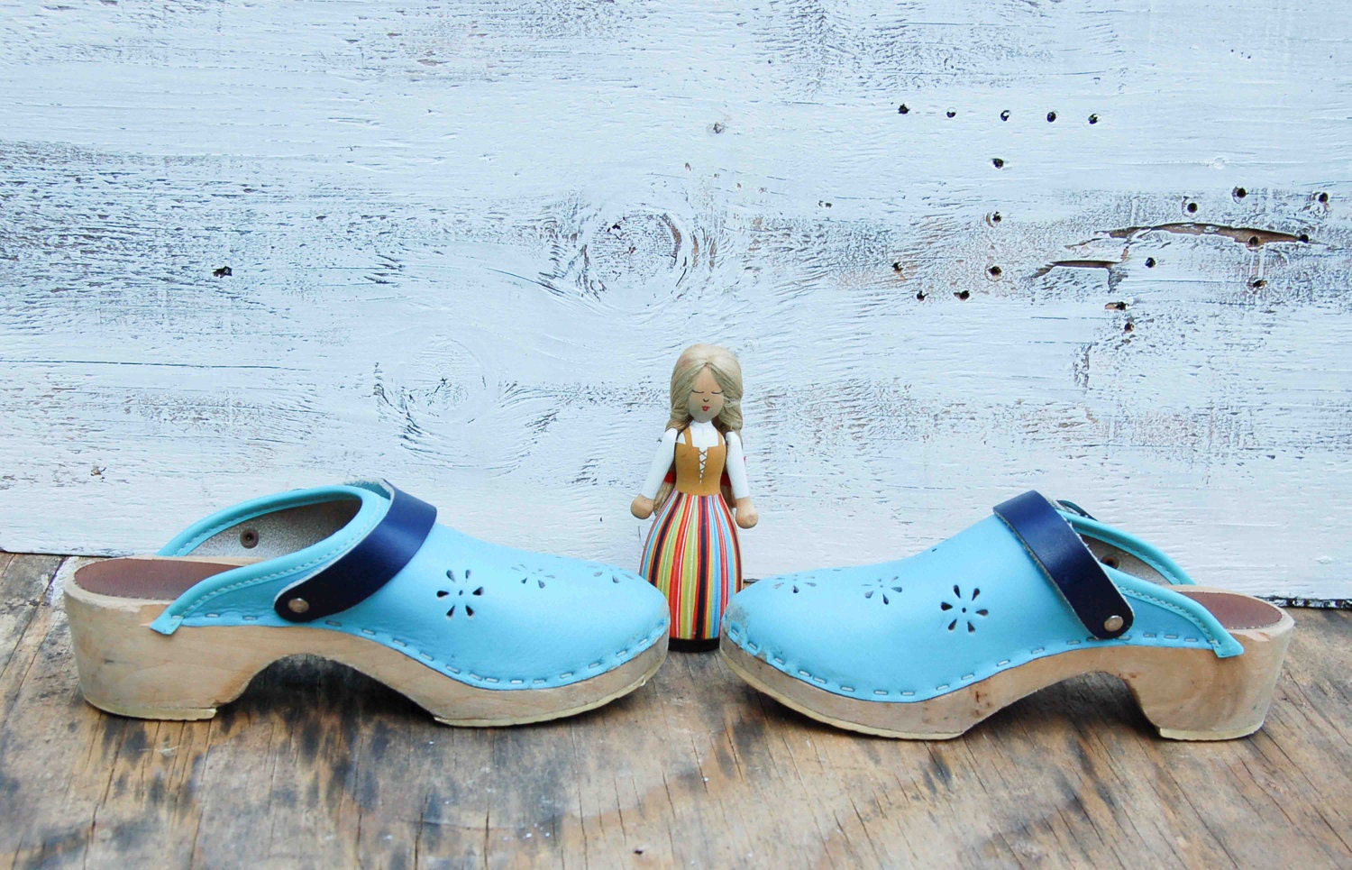 Child's Vintage Clog SHOES Turquoise Leather Wood Shoe Scandinavian Folk Swedish Light Blue
