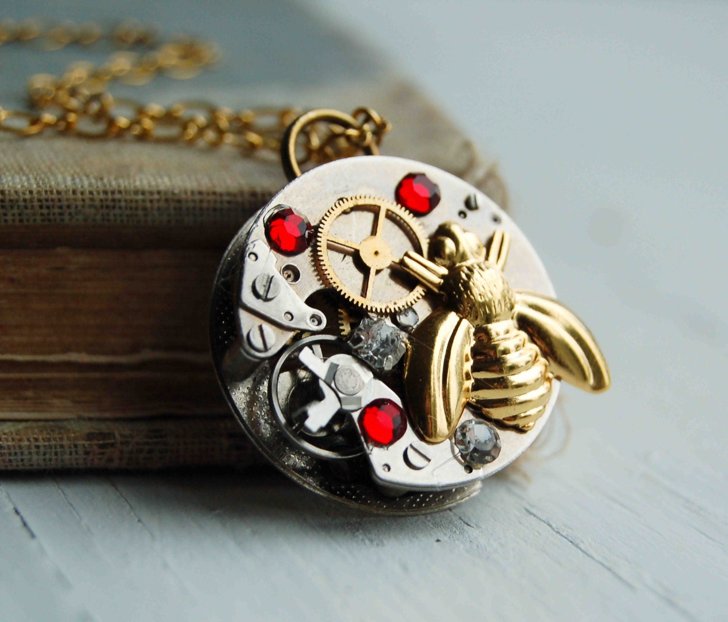 Steam Punk Bee on TIME WATCH Movement NECKLACE Honey Bee Red Rhinestones