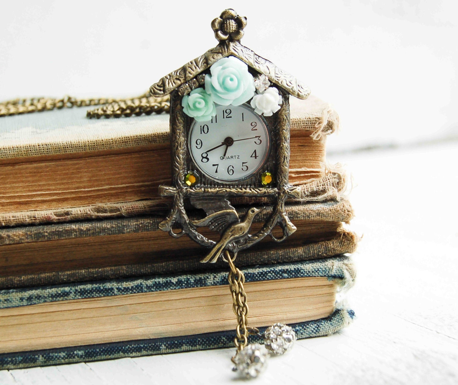 CUCKOO CLOCK Watch Pendant Flowers Shabby Chic Romantic Feminine Necklace