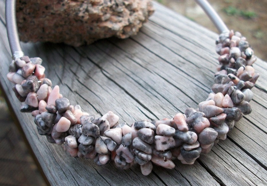Pink Lady Jasper Gemstone Chip Silk Cord Necklace - Great Bridal Party Gifts - allstrungout1