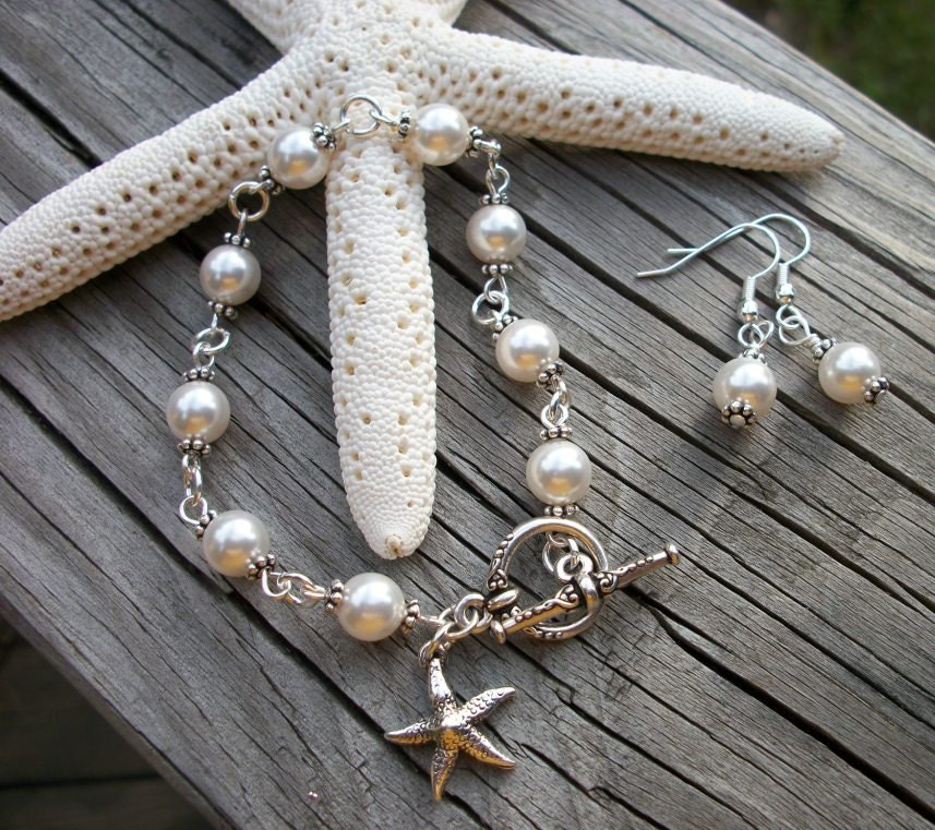 Starfish And Pearls Bracelet And Earrings Set Beach Or