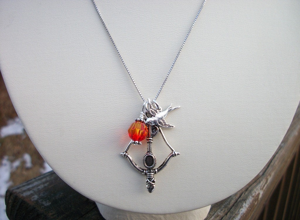 Girl On Fire Necklace - Hunger Games Inspired - Katniss Bow & Arrow - Fire Opal Swarovski Crystal
