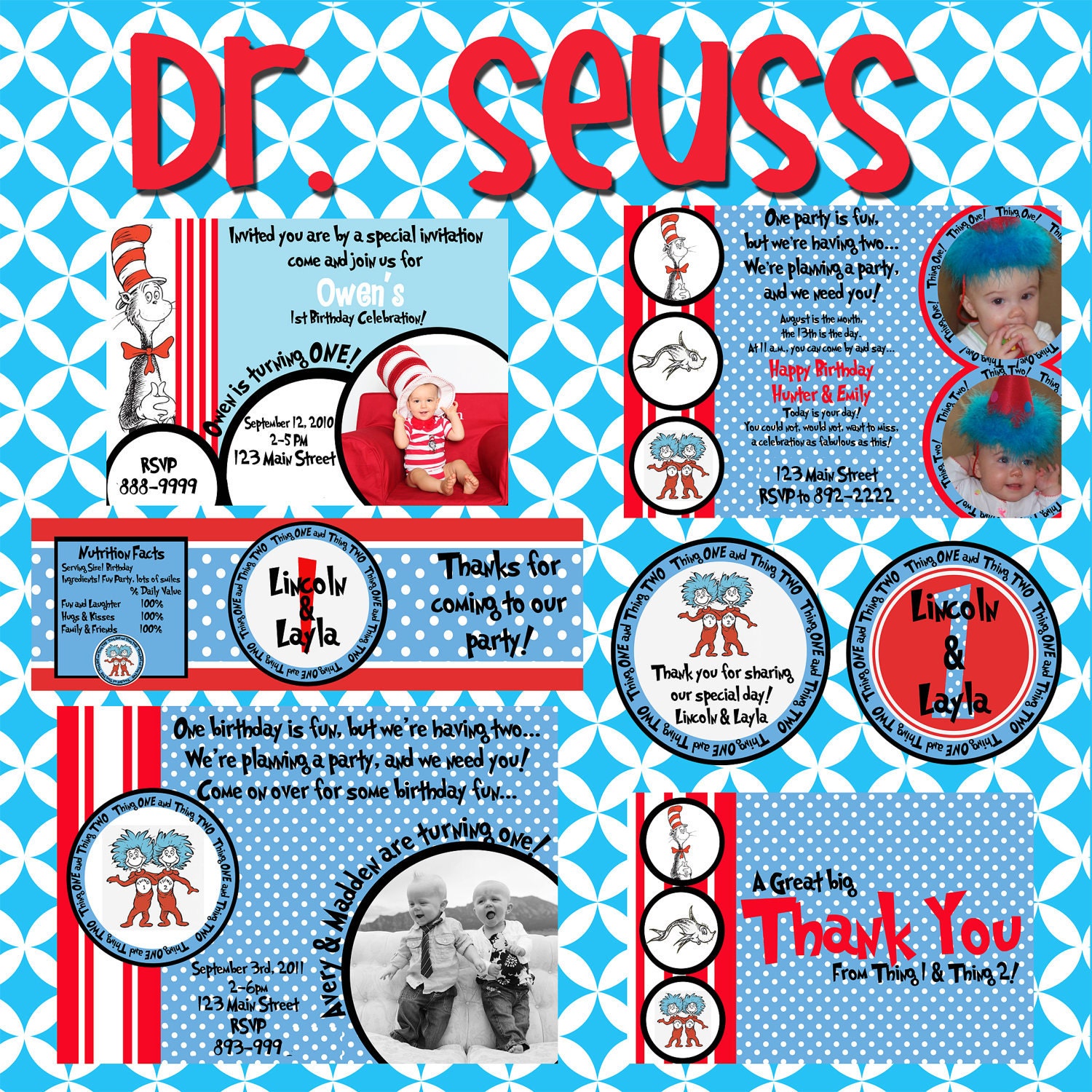 Dr Seuss Birthday Invites Party Printable Pack includes invitation, favor tag, cupcake topper, waterbottle label and thank you note design Il_170x135