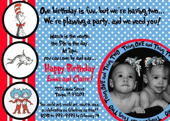 Dr Seuss Birthday Party Pack Invitation, Thank you, favor tag, water bottle label, iron on transfer or cupcake topper Il_570xn