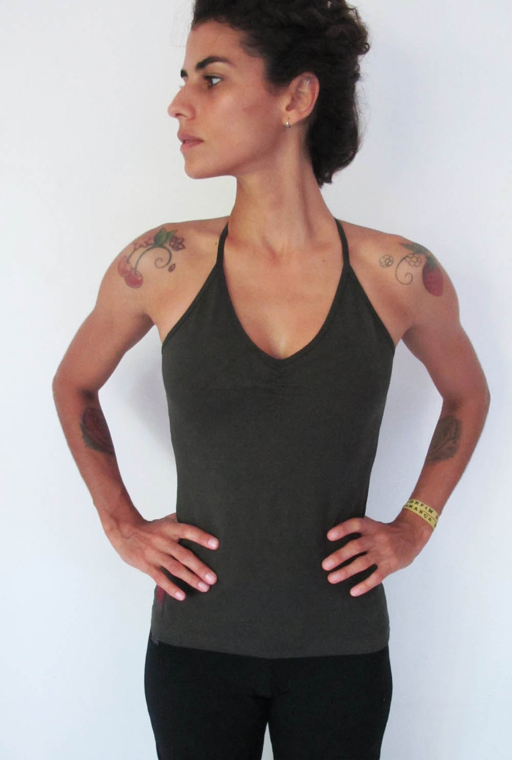 DISCOUNT 20% - Saraswati -Multi tie halter/racer back singlet. Yoga top - fitness - active wear - dance. Army green, size S