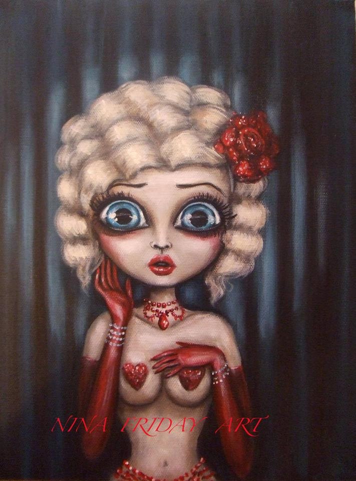 STAGE FRIGHT  big eye blond burlesque glitter  sexy girl  performer GICLEE print by Nina Friday