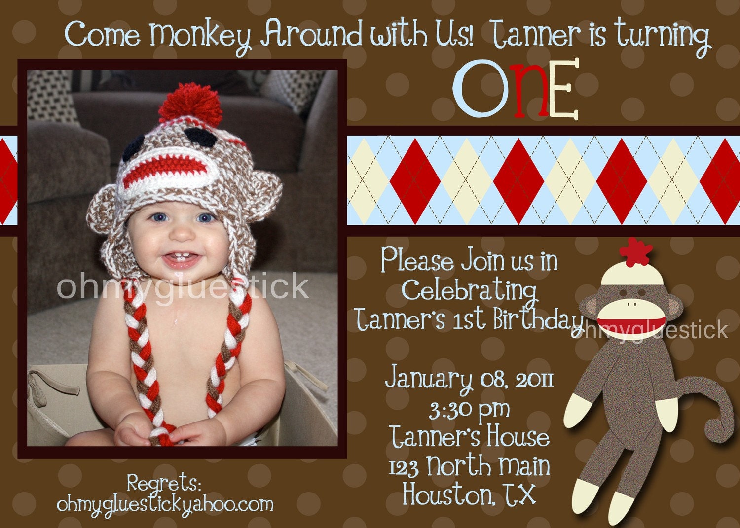 Original Sock Monkey Argyle Photo Digital Invitation by Oh My Gluestick