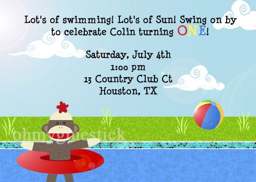 Original Sock Monkey Inviation Pool Party for BOY OR GIRL Printable Invitation by Oh My Gluestick