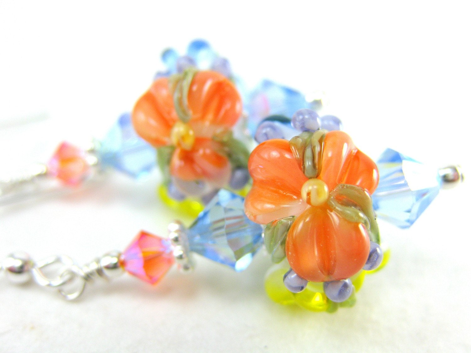 Colorful Floral Lampwork Earrings, Colorful Beadwork Earrings, Dangle Earrings, Flower Earrings, Glass Bead Earrings - Bring The Sunshine