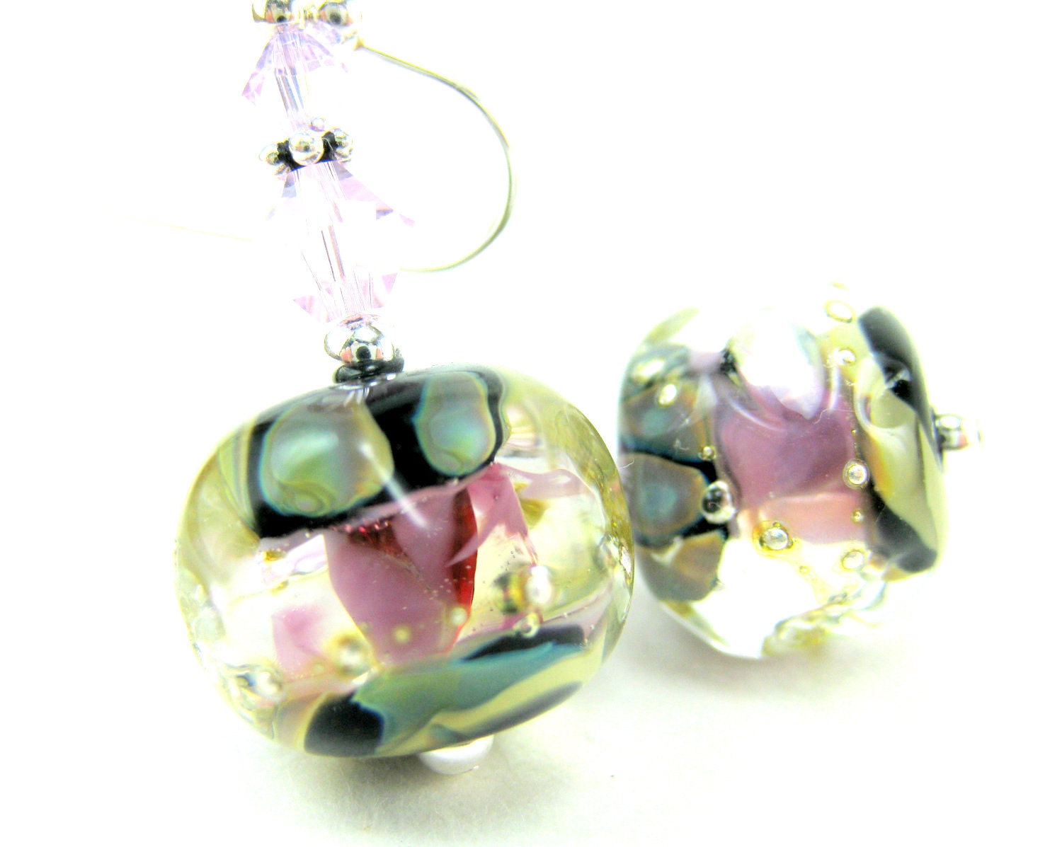 Raspberry Pink Black Glass Bead Earrings, Beadwork Earrings, Pink Violet Black Lampwork Earrings, Dangle Earrings - Black Raspberry Ice