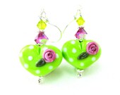 Lime Green Heart Earrings, Valentine's Day Earrings, Polka Dot Heart Earrings, Green Pink Lampwork Glass Bead Earrings - Key Lime Hearts