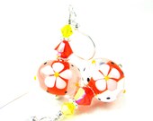 Orange Daisy Earrings, Orange White Yellow Floral Lampwork Earrings, Orange Glass Bead Earrings, Spring Beadwork Earrings - Picking Daisies