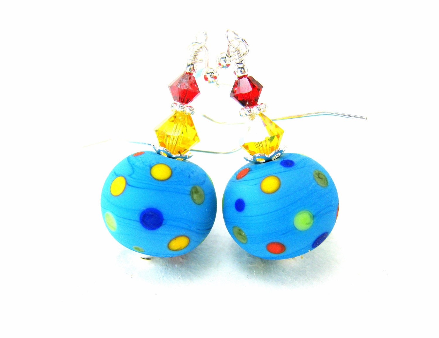 Colorful Polka Dot Earrings, Turquoise Blue Lampwork Earrings, Polka Dot Glass Bead Earrings, Colorful Beadwork Earrings - Summer Fun