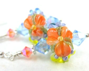 Colorful Floral Lampwork Earrings, Colorful Beadwork Earrings, Dangle Earrings, Flower Earrings, Glass Bead Earrings - Bring The Sunshine