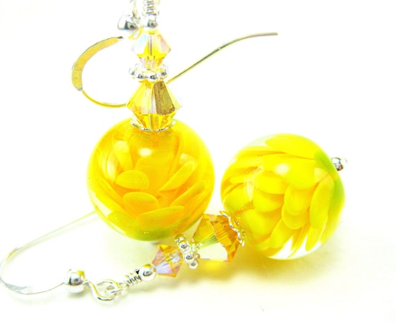 Yellow Glass Flower Earrings, Lemon Yellow Encased Lampwork Bead Earrings Crystal Sterling Silver - Sunflowers
