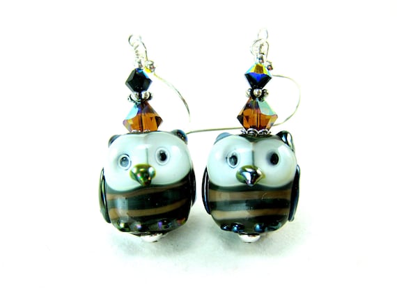 Owl Earrings, Brown Beige Owl Lampwork Bead Earrings, Owl Glass Bead Earrings, Bird Earrings - Bob & Joe