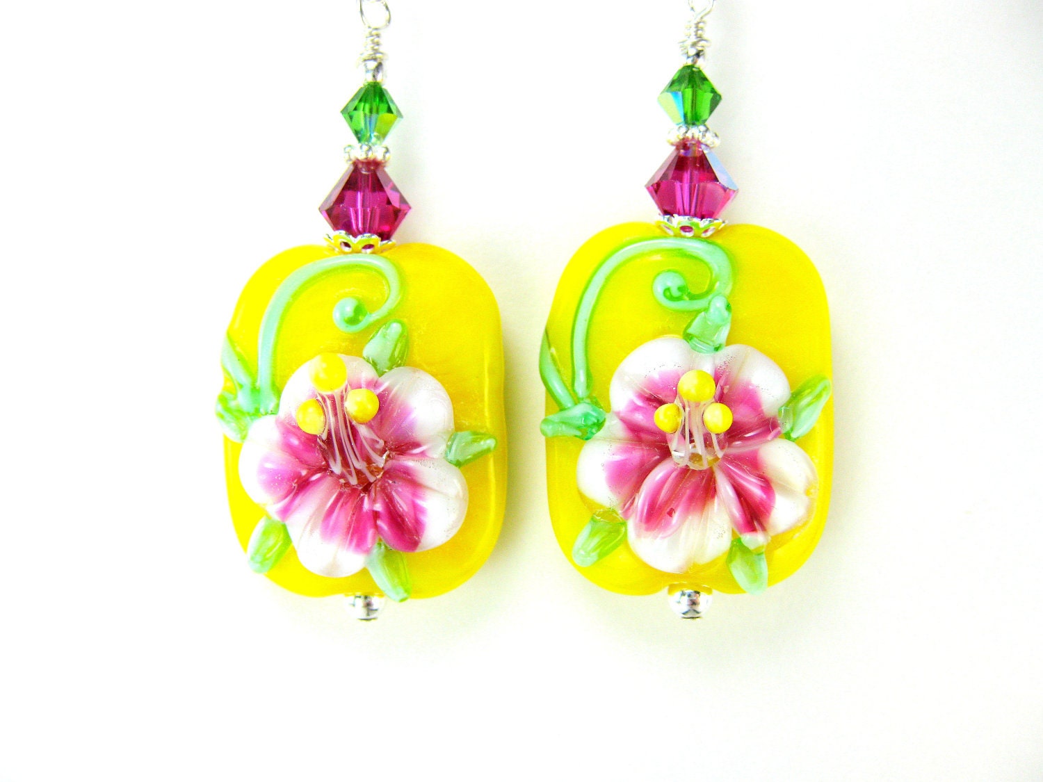 Hibiscus Earrings, Yellow Pink Floral Lampwork Earrings, Beadwork Earrings, Flower Earrings, Glass Earrings, Tropical Earrings - Hibiscus