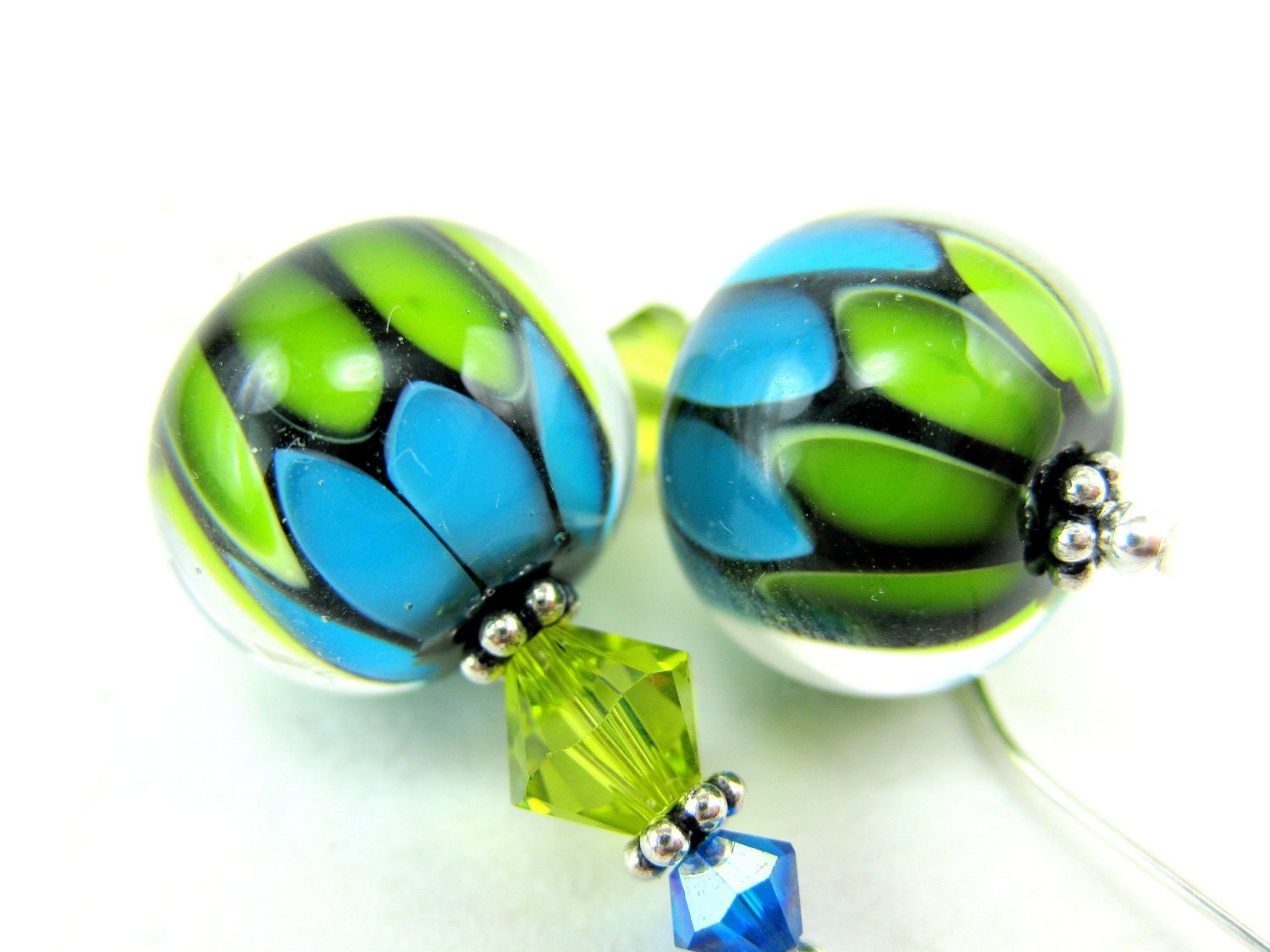 Green Blue Glass Bead Earrings, Lime Aqua Lampwork Earrings, Beadwork Earrings, Blue Green Earrings, Dangle Earrings - Electrifying