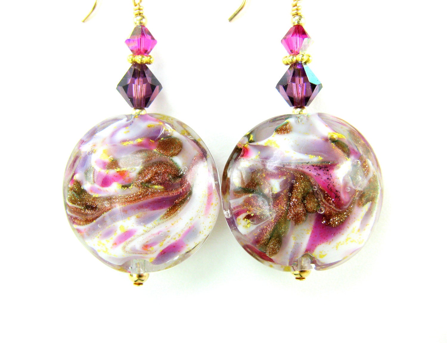 Pink Purple Venetian Glass Bead Earrings, Purple Violet Gold Pink Murano Glass Bead Earrings, 14K Gold Filled Earrings - Raspberry Ice Cream