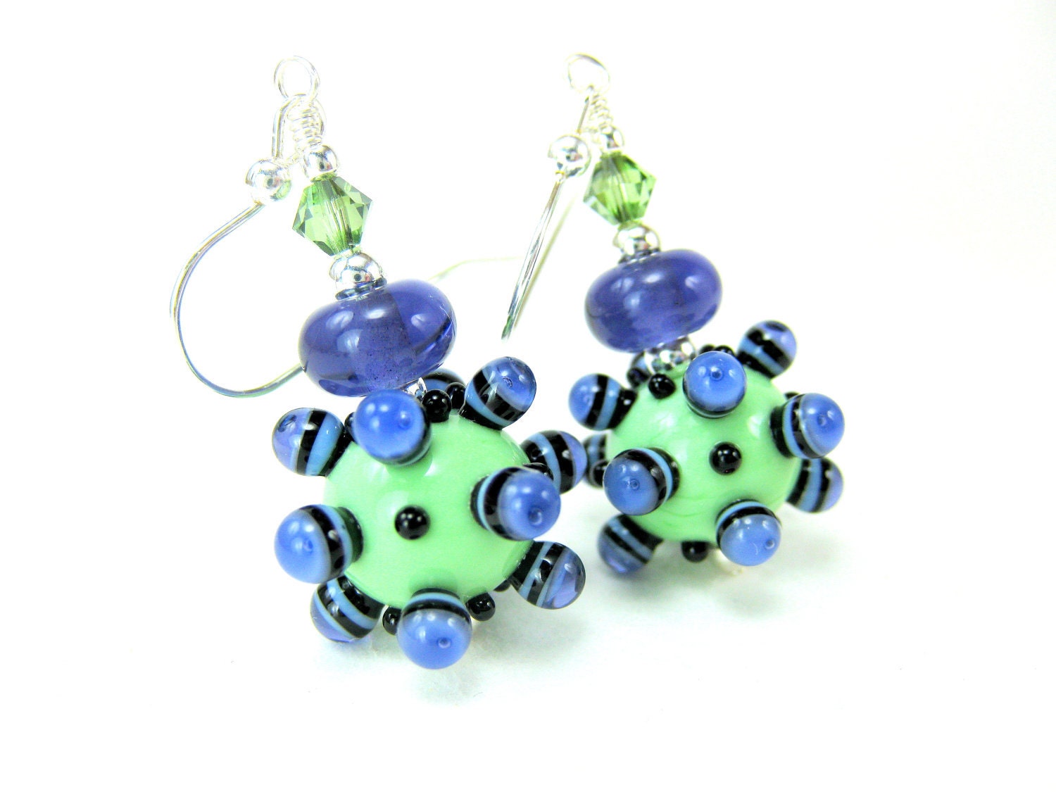 Green Purple Bumpy Glass Bead Earrings, Lampwork Earrings, Green Lavender Beadwork Earrings, Green Earrings, Unique Earrings - Sputnik
