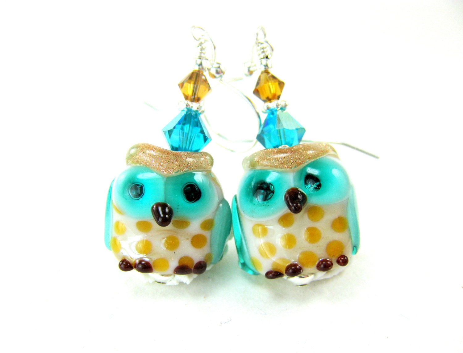 Owl Earrings, Bird Earrings, Turquoise Gold Ivory Owl Lampwork Bead Earrings, Animal Earrings, Owl Jewelry - Elvis & Priscilla