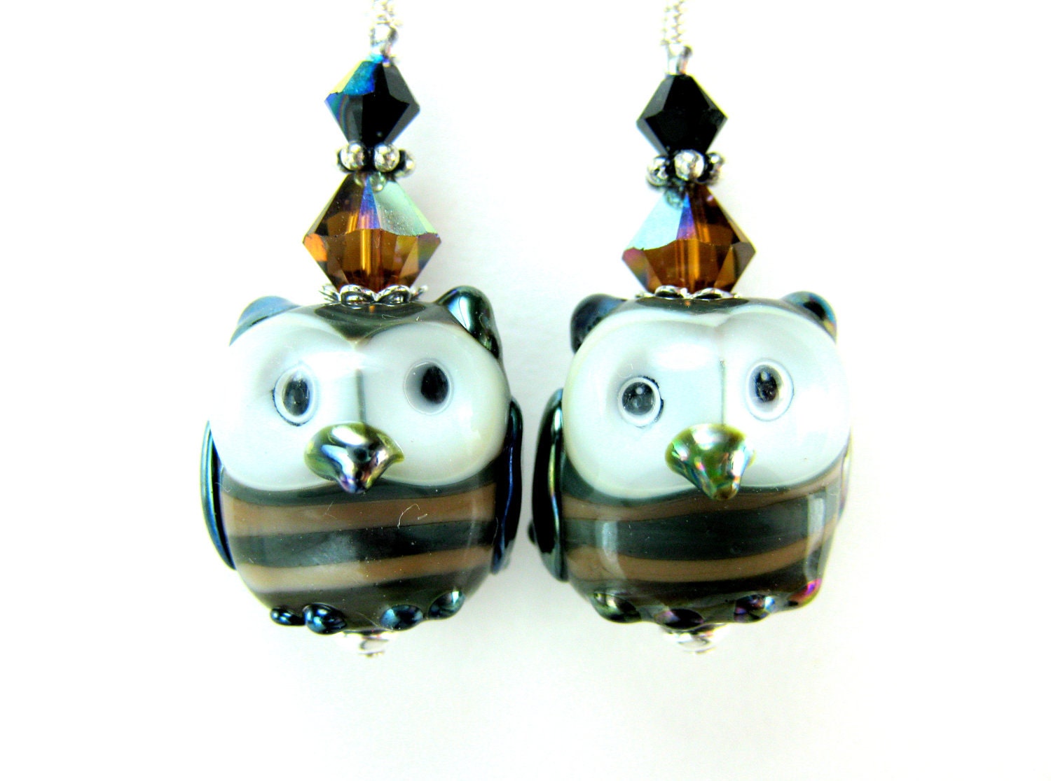 Owl Earrings, Brown Beige Owl Lampwork Bead Earrings, Owl Glass Bead Earrings, Bird Earrings - Bob & Joe