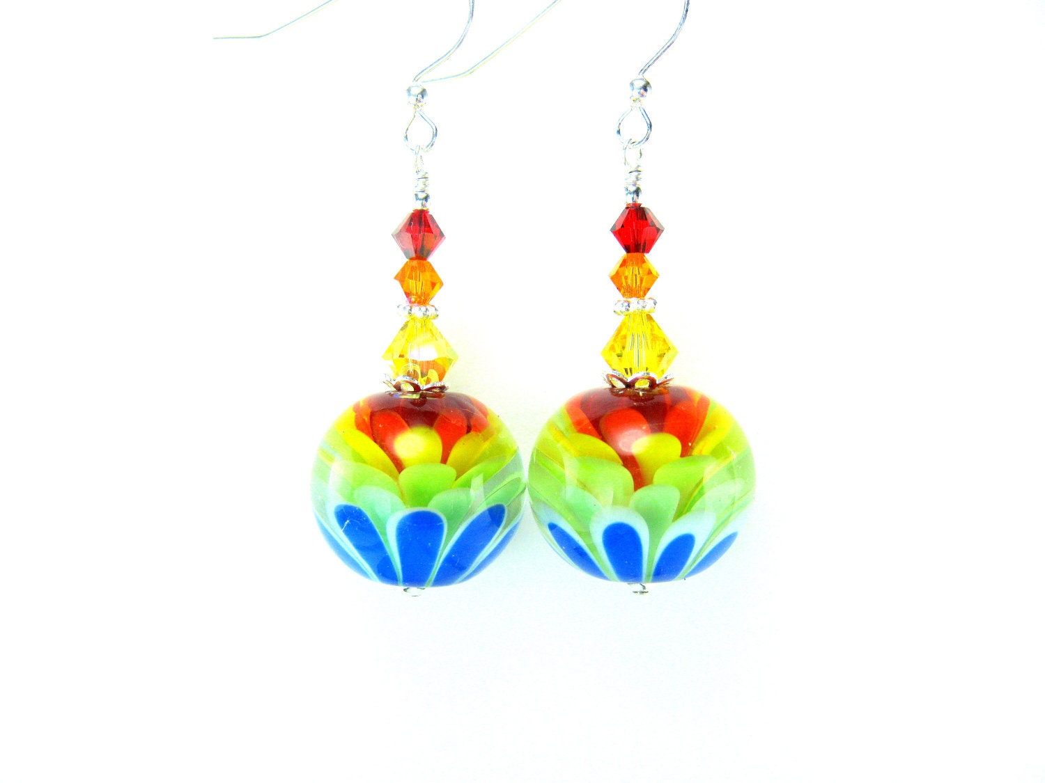 Rainbow Flower Earrings, Rainbow Earrings, Colorful Encased Lampwork Bead Earrings, Beadwork Earrings, Spring Earrings - Be Happy