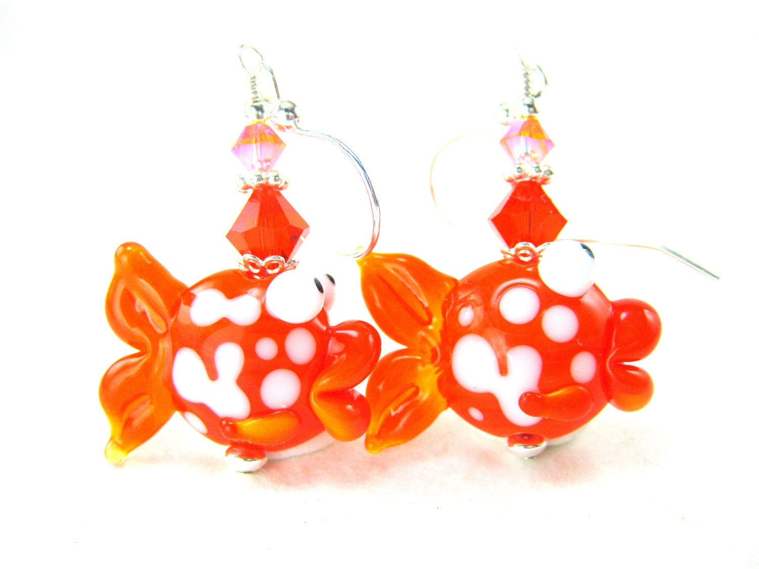 Goldfish Earrings, Orange White Fish Lampwork Bead Earrings, Glass Fish Earrings, Goldfish Lampwork Earrings - Kissing Goldfish