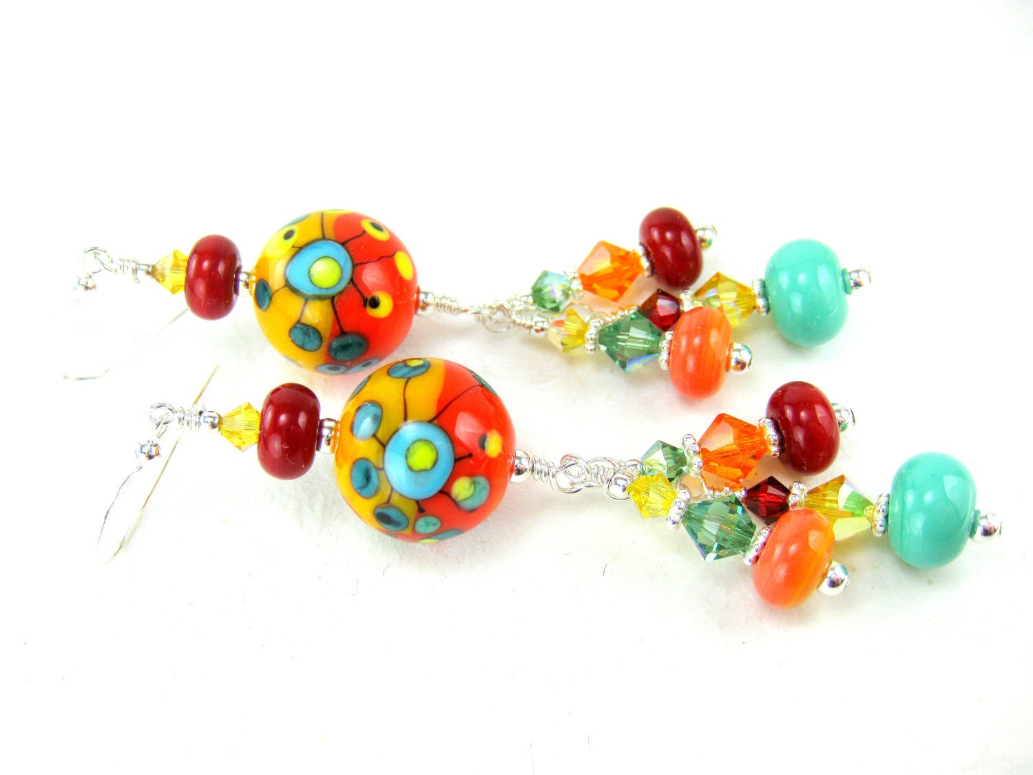Colorful Beadwork Earrings, Summer Lampwork Earrings, Yellow Red Orange Glass Bead Earrings, Funky Earrings, Unique Dangle Earrings - Cosmic