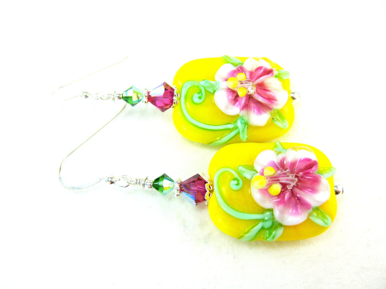Hibiscus Earrings, Yellow Pink Floral Lampwork Earrings, Beadwork Earrings, Flower Earrings, Glass Earrings, Tropical Earrings - Hibiscus