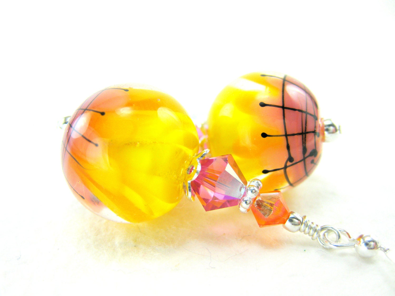 Yellow Flower Earrings, Beadwork Earrings, Colorful Lampwork Earrings, Yellow Pink Orange Glass Earrings, Dangle Earrings - Pineapple Punch