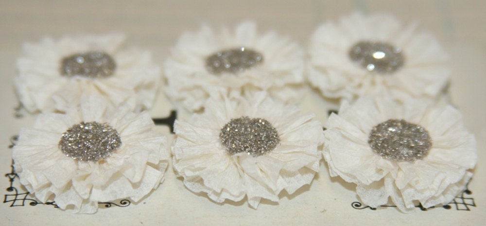 6 Small Creme Colored Crepe Paper Rosettes